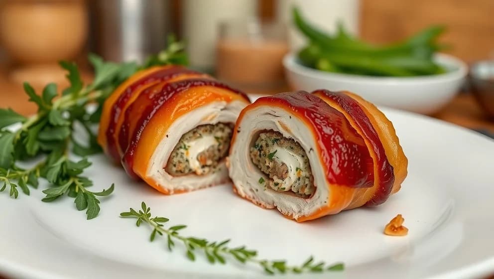 Baconlindad fläskfilé med fyllning hemma