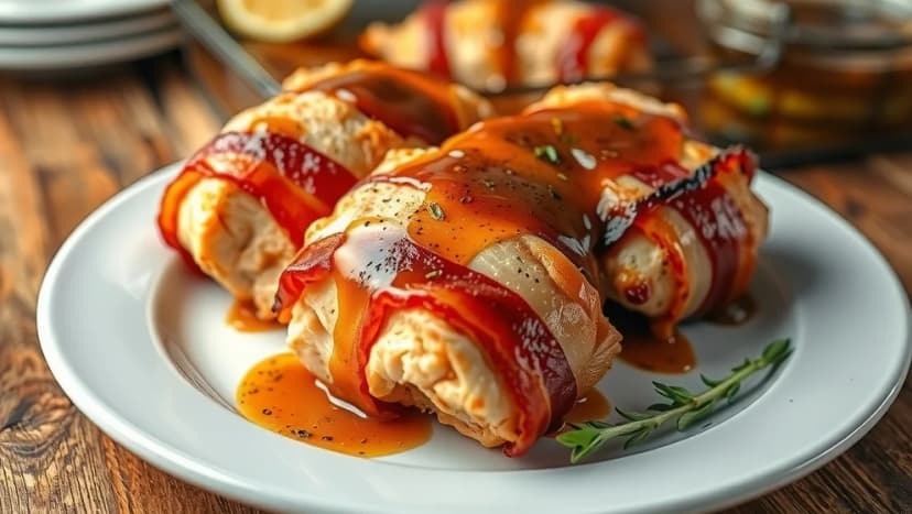 Baconlindat kyckling i ugn med sås
