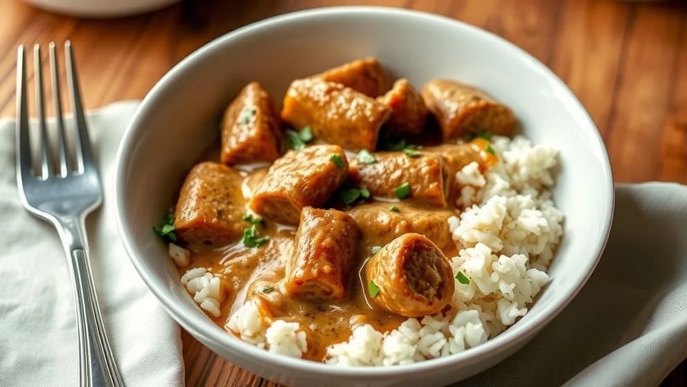 Korv stroganoff med ris hemma