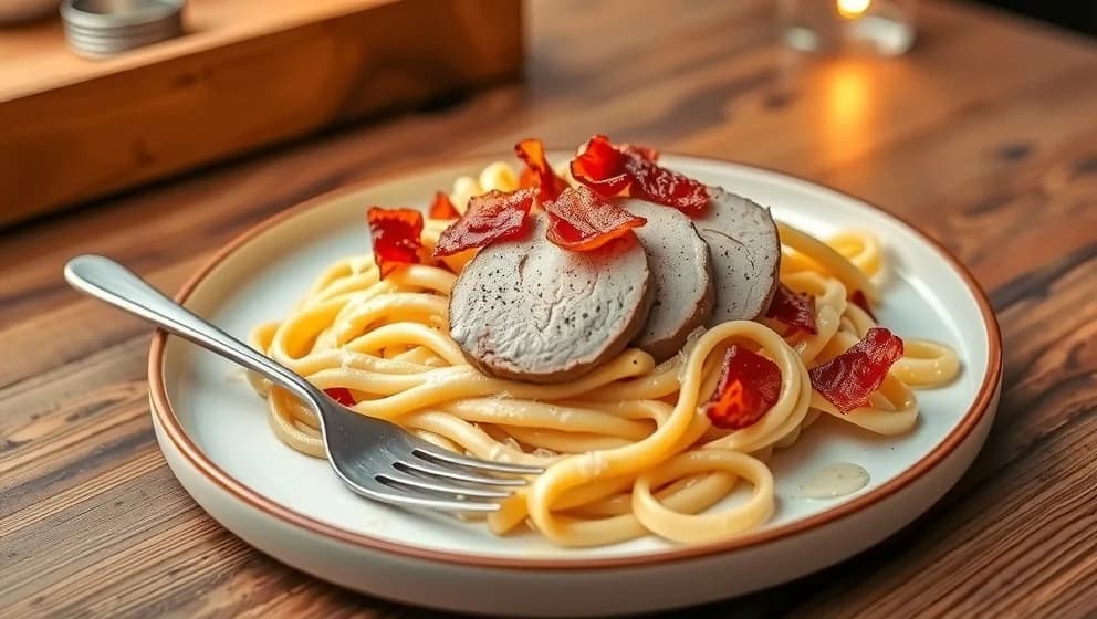 Pasta med fläskfilé och bacon hemma